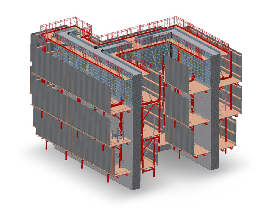 Technische Illustration des MEVA Klettersystems MGC, mit 2 Nachlaufbühnen