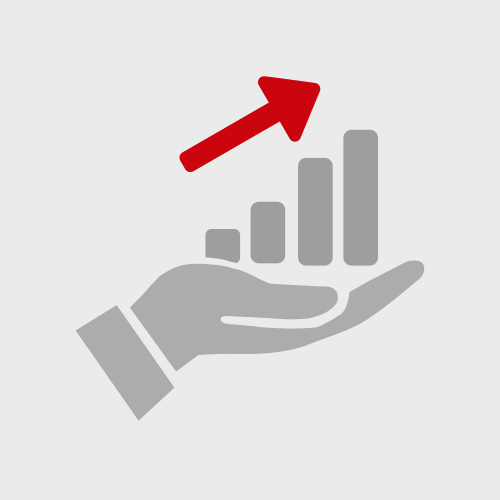Icon für hohe Wirtschaftlichkeit. Abgebildet wird ein Balkendiagramm mit nach rechts anwachsenden Werten auf einer Handfläche und Pfeil mit Richtung aufwärts
