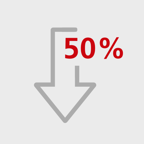 Icon für 50% weniger Teile. Abgebildet wird ein Pfeil nach unten mit Schrift 50%