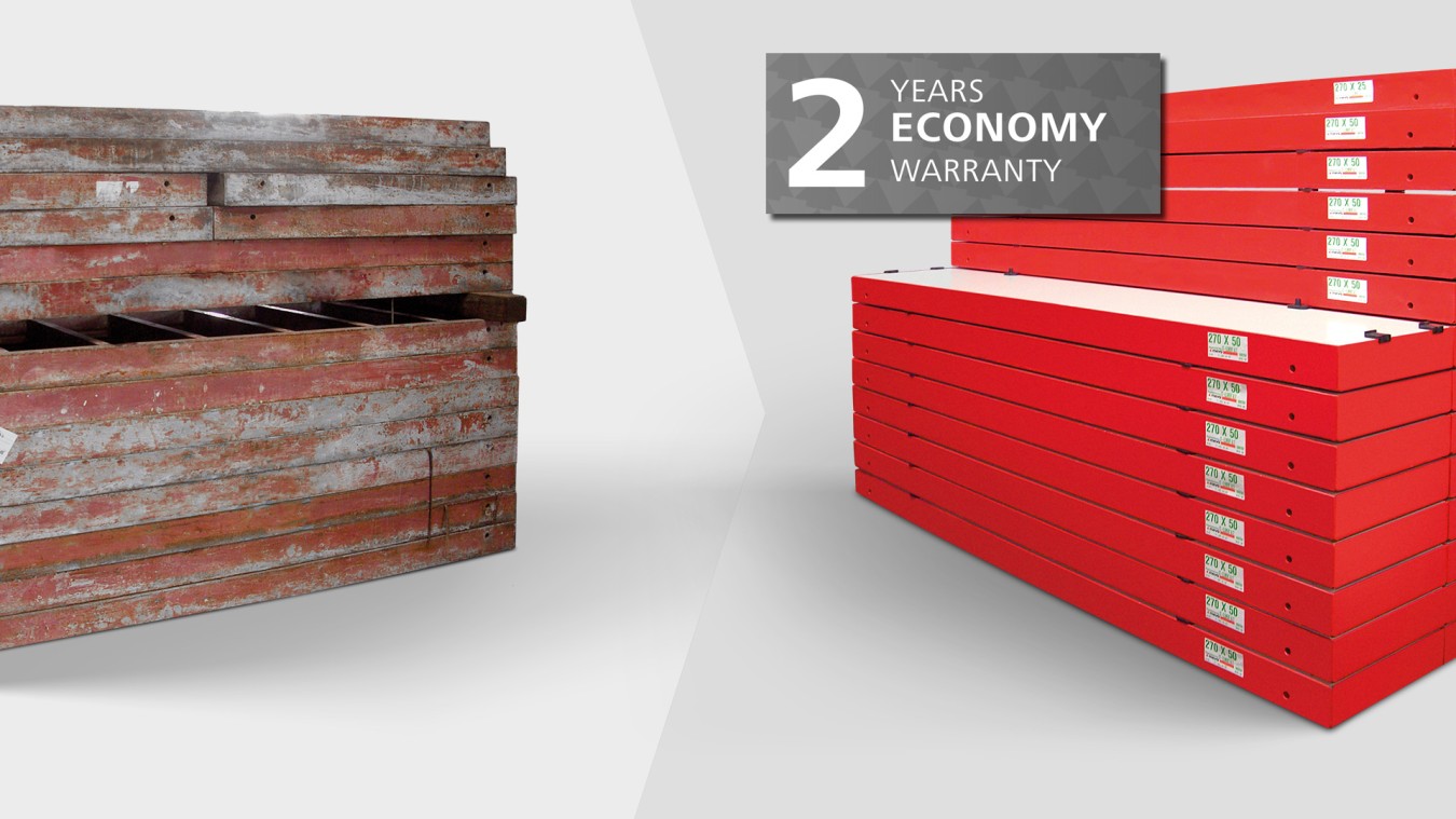 Picture old used formwork refurbishing with label 2 years economy warranty