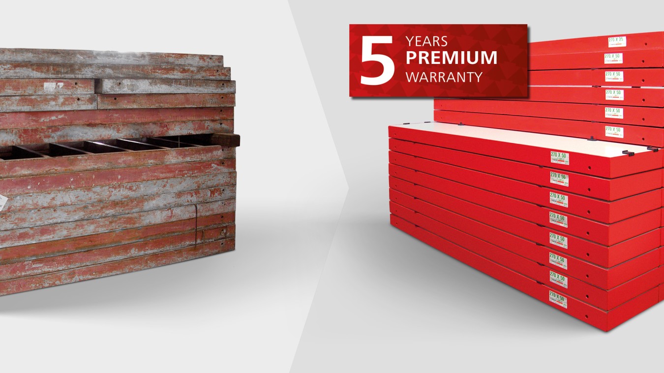 Picture old used formwork refurbishing with label 5 years premium warranty