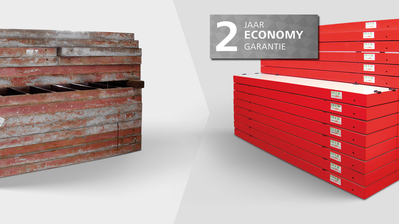 Verander oud in nieuw. Gereinigde bekisting staat naast oude bekisting met etiket